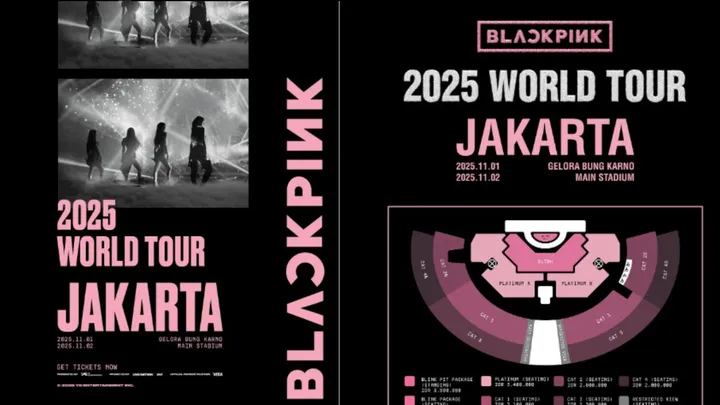 Poster resmi Blackpink 2025 World Tour Jakarta menampilkan jadwal 1–2 November di Gelora Bung Karno dan peta kategori kursi stadion.