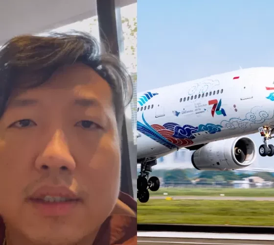 Kolase wajah Michael Tjendara—penumpang yang kehilangan iPhone—dengan pesawat Garuda Indonesia bermotif HUT ke-74 RI tengah lepas landas.