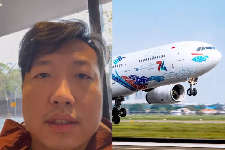 Kolase wajah Michael Tjendara—penumpang yang kehilangan iPhone—dengan pesawat Garuda Indonesia bermotif HUT ke-74 RI tengah lepas landas.
