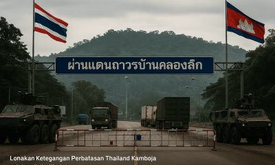 Gerbang tertutup di perbatasan Thailand Kamboja (Aranyaprathet–Poipet) tahun 2025, diapit kendaraan militer dan truk logistik menunggu izin.