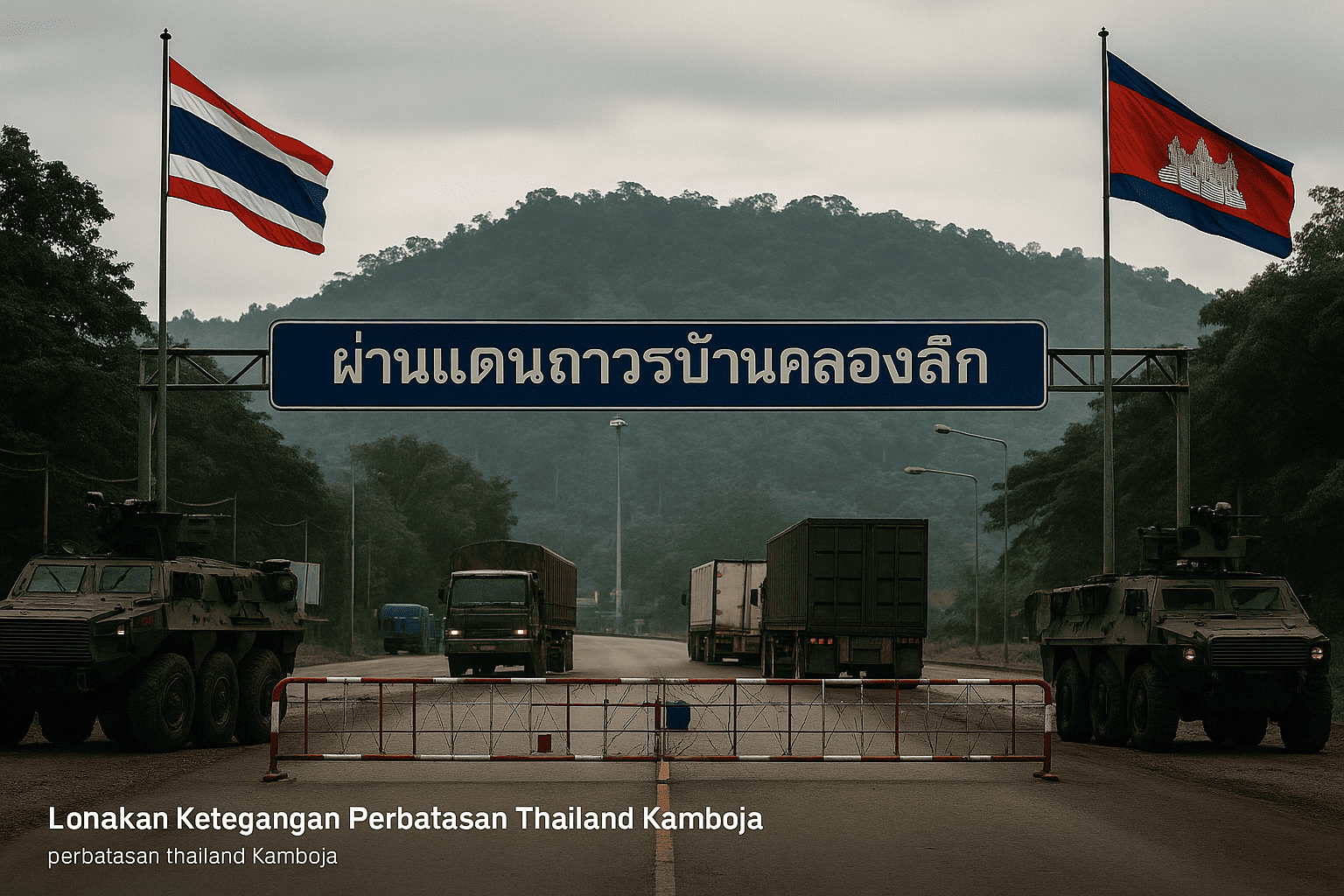Gerbang tertutup di perbatasan Thailand Kamboja (Aranyaprathet–Poipet) tahun 2025, diapit kendaraan militer dan truk logistik menunggu izin.