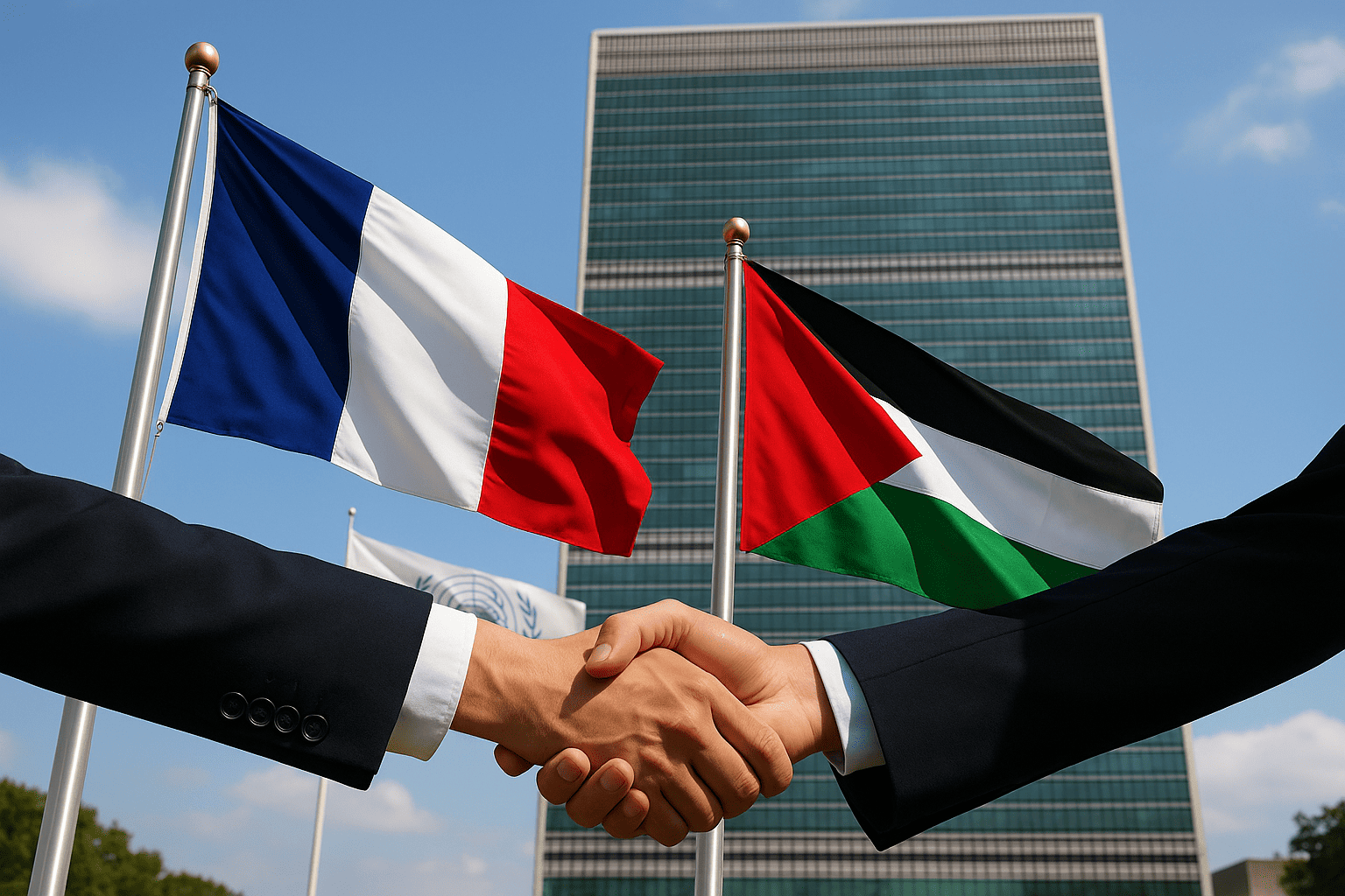 Bendera Prancis dan Palestina berkibar berdampingan di depan markas PBB, diapit jabat tangan diplomat—momen simbolis “Prancis Akui Palestina”.